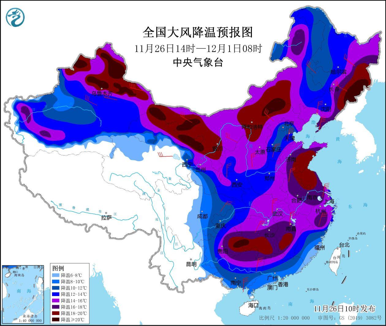 寒潮来袭，降温图呈现冻紫景象